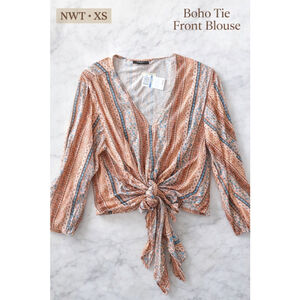 NWT XS Boho Tie Front Blouse Floral Stripe Peasant Top Lightweight Festival Top